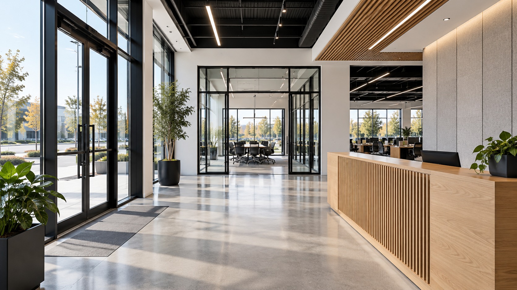 Commercial lobby with glazed partitions and oak finishes