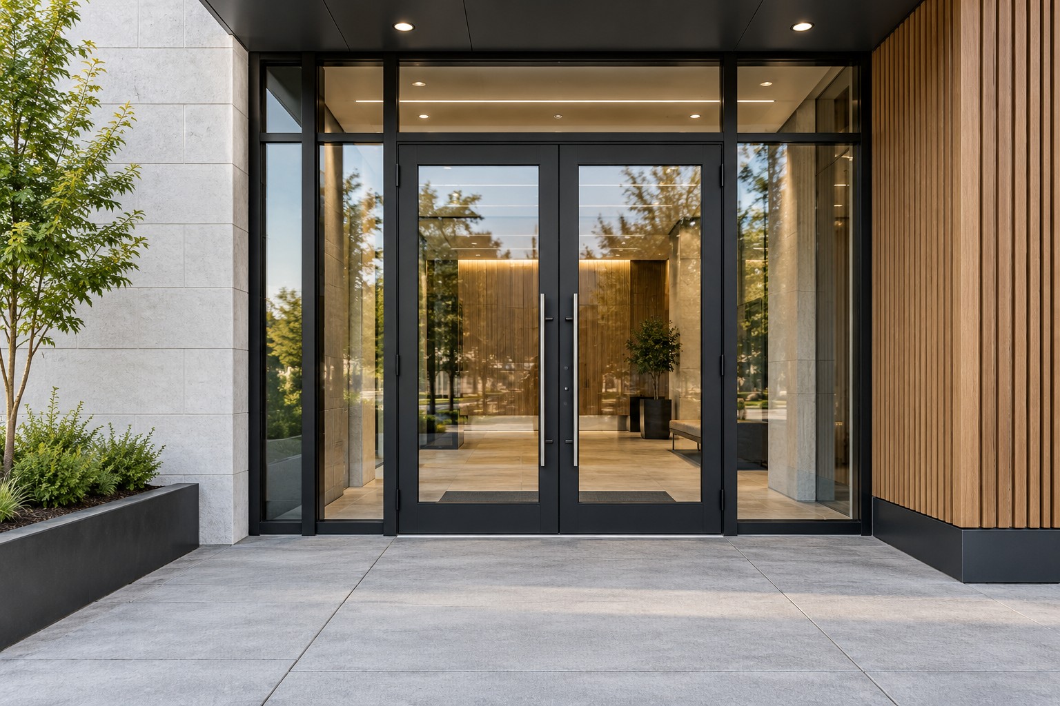 Illustrative commercial entrance with black-framed double glass doors