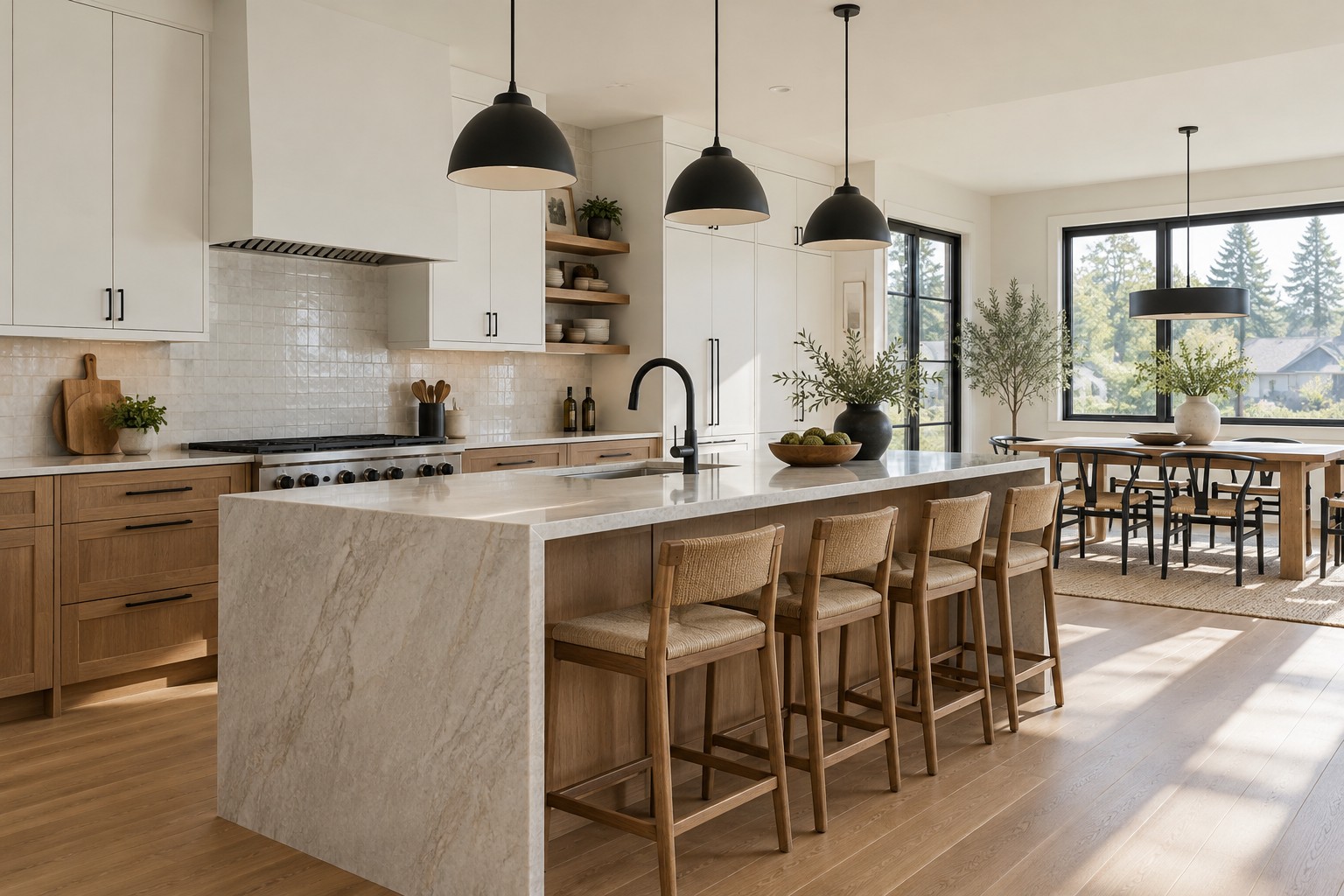 Concept kitchen with white and oak cabinetry and a pale stone island