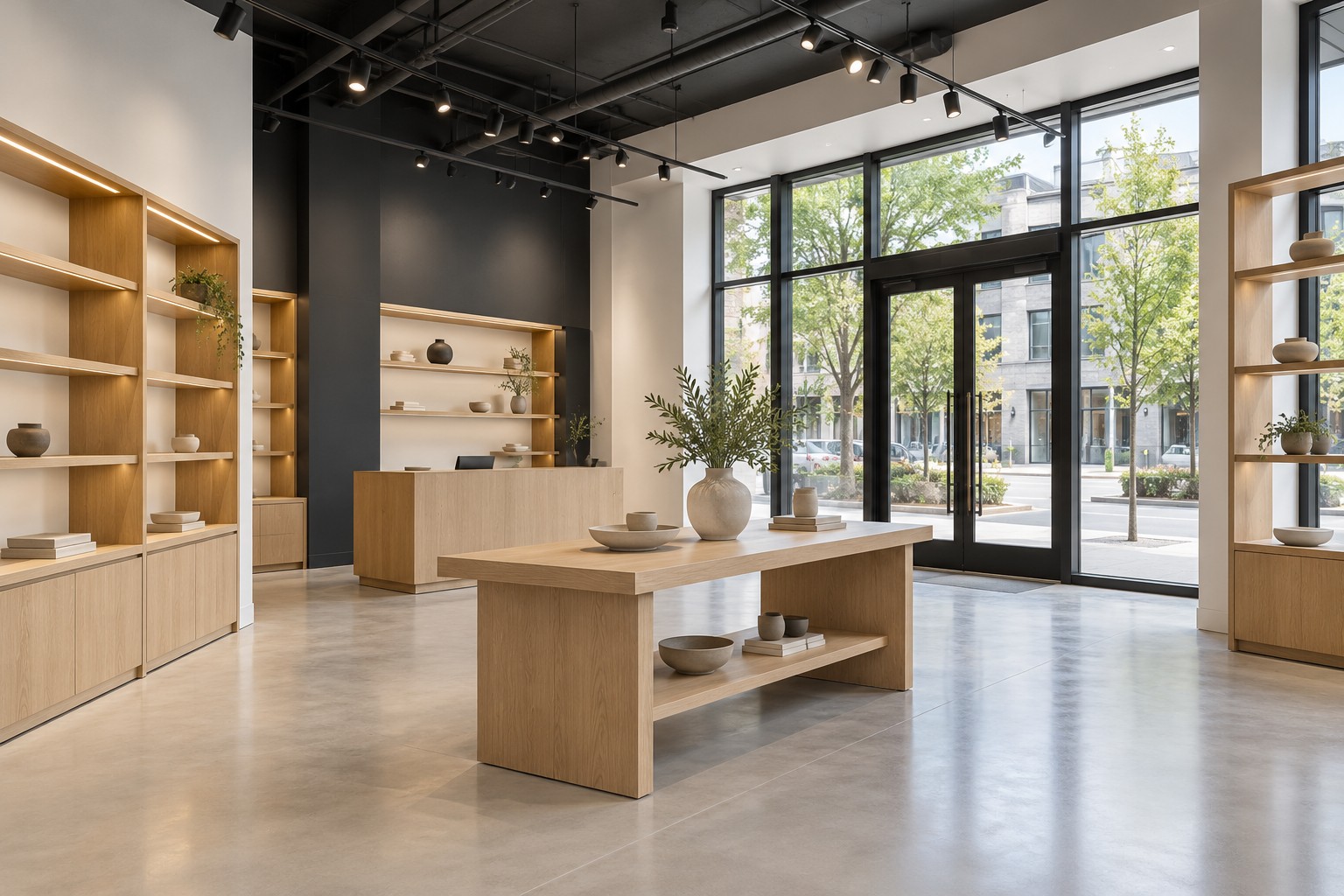 Concept of a renovated commercial showroom with oak display fixtures