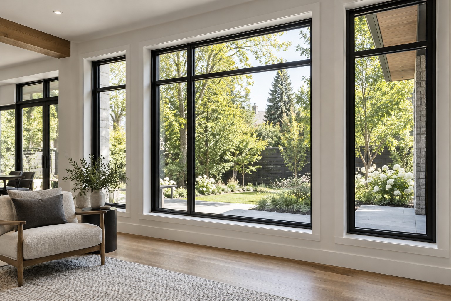 Concept of black-framed windows in a renovated residential living space